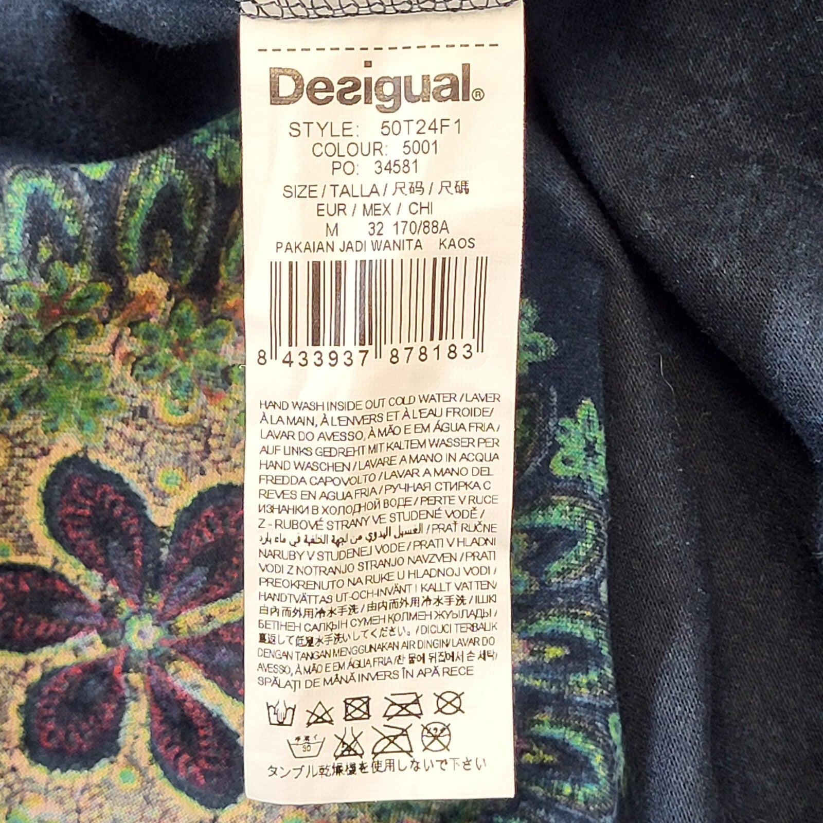 Desigual Y2K Navy Blue Floral V-Neck Jumper Vintage Women's Medium