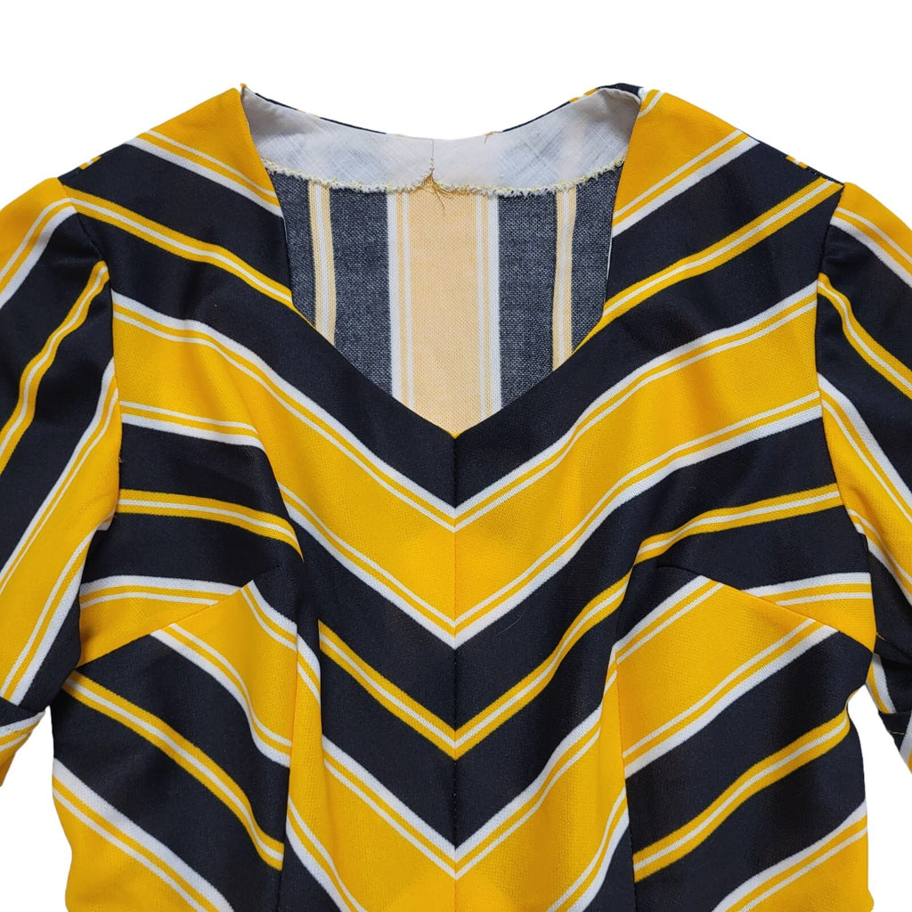70s Vintage Yellow & Black Striped Midi Daywear Dress Women's 8