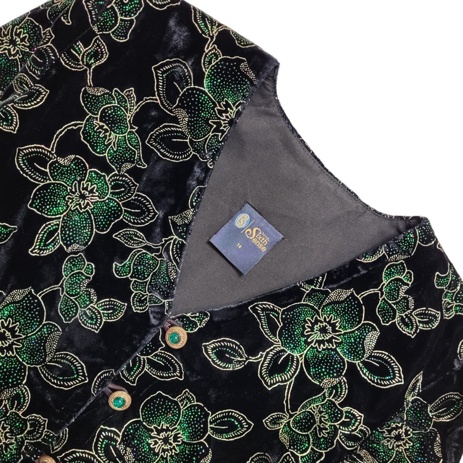 Sixth Sense Vintage 90's Black Green Floral Button Front Jacket Womens UK 14