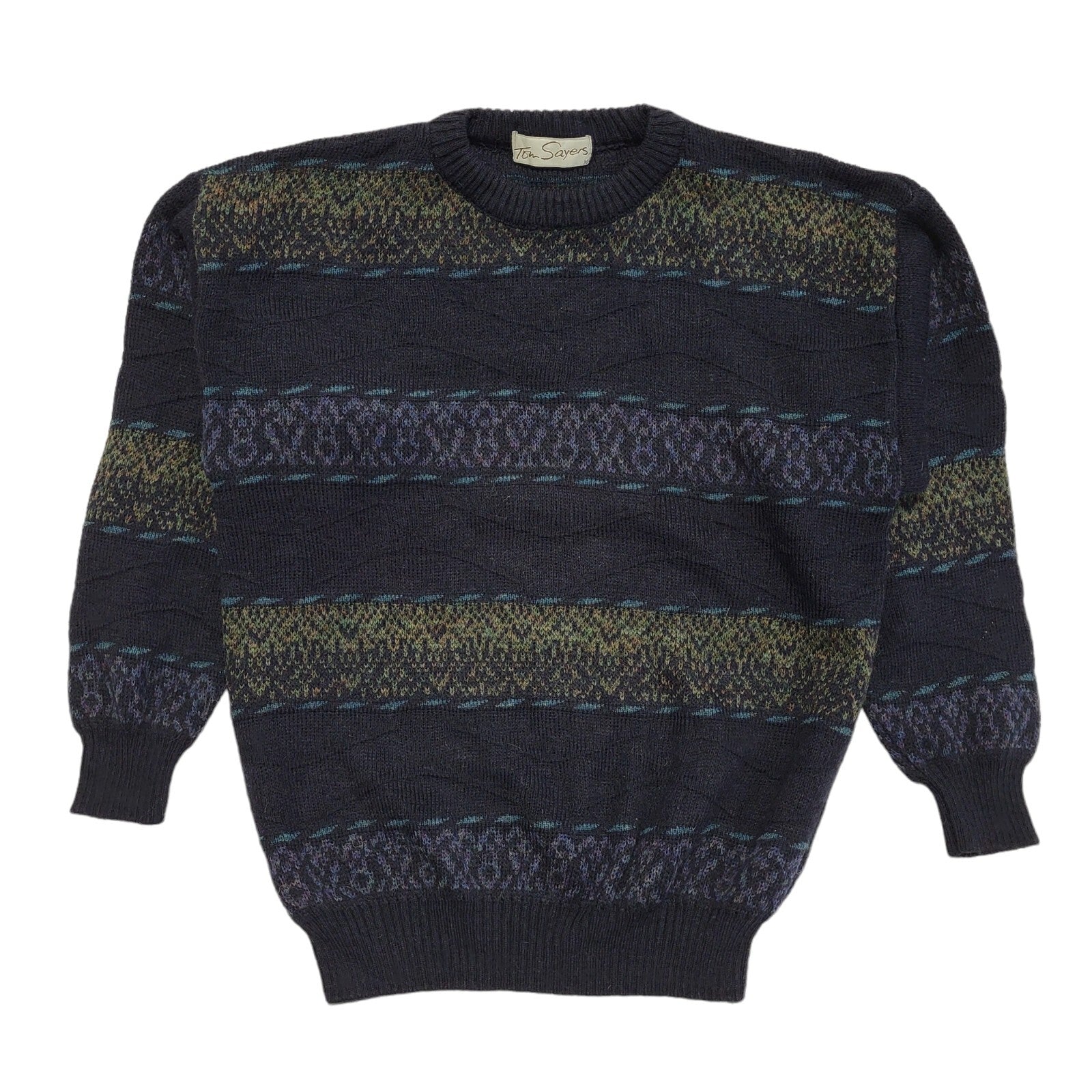 Tom Sayers Vintage 80s Black Blue Geometric Crew Neck Jumper Men's UK M