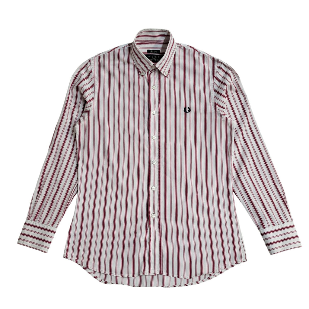 Fred Perry Vintage 90's Pink & White Striped Long Sleeve Shirt Men's UK S