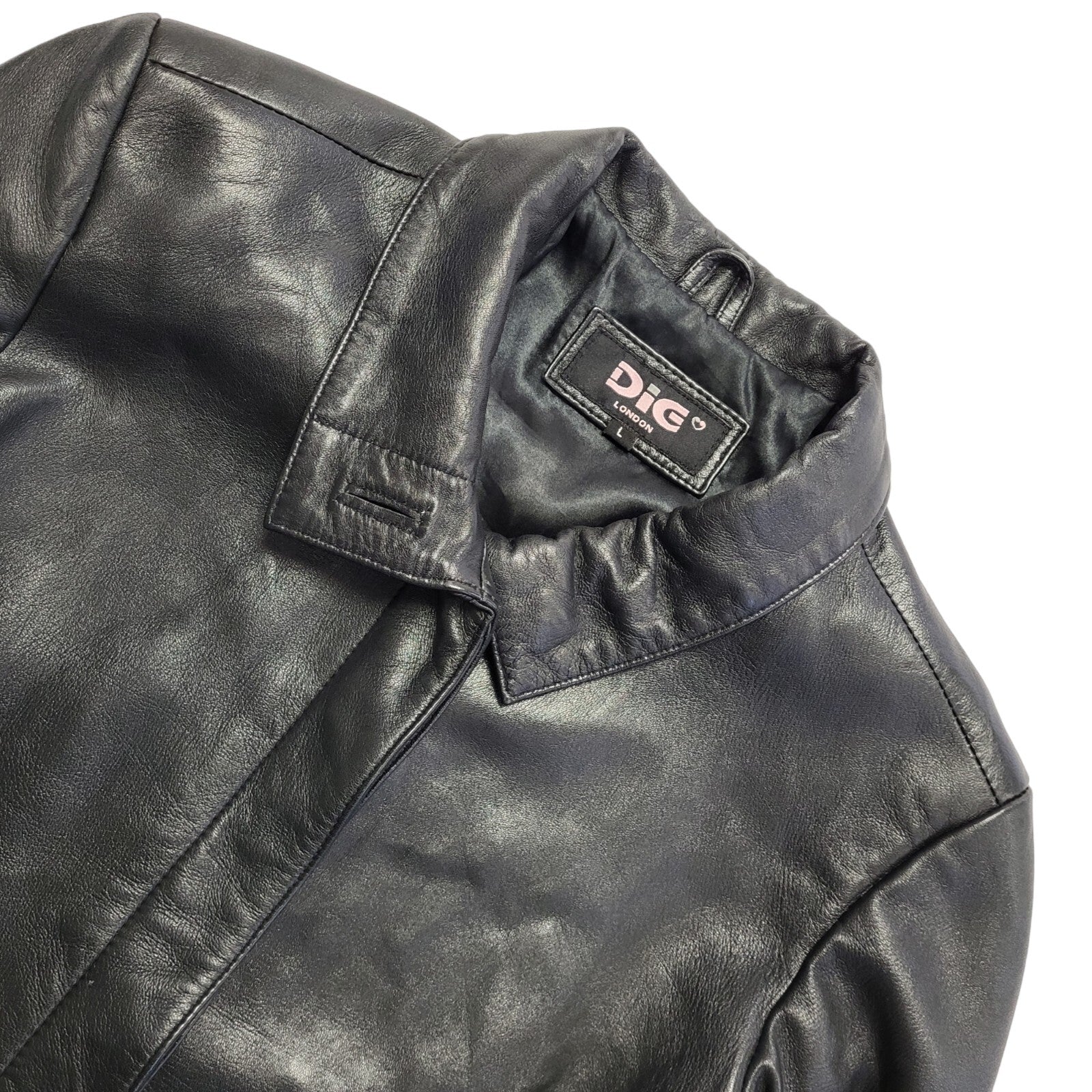 Dig Vintage 90's Long Black Leather Button Up Jacket Women's UK Size L