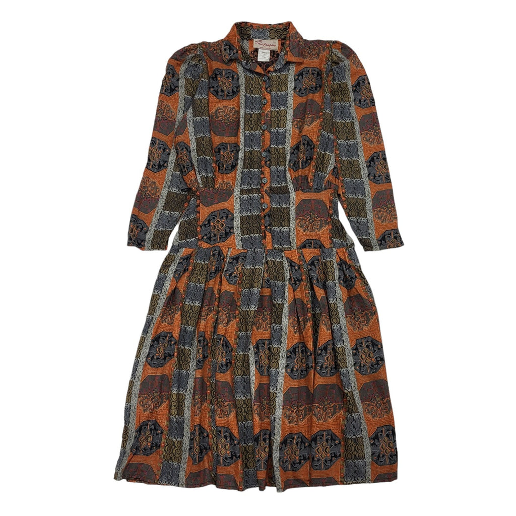 80s Vintage The Dress Company Brown & Grey Patterned Collared Dress Women's 12
