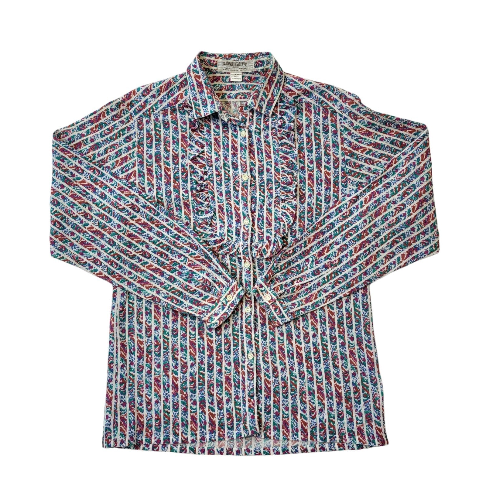 Jaeger 70s Vintage White, Red & Blue Floral Blouse Women's Size 8