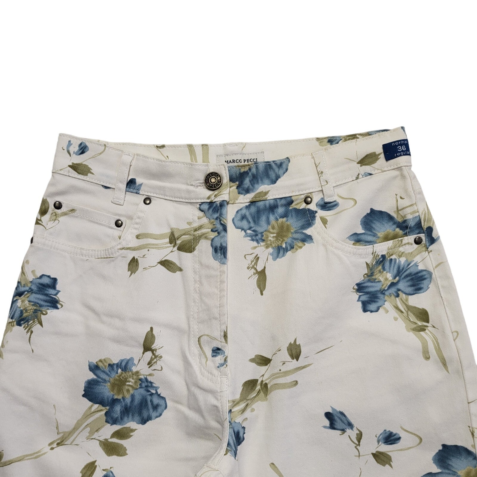 Marco Pecci White Blue Floral Straight Leg Denim Jeans Uk Women's 8 W26 L30