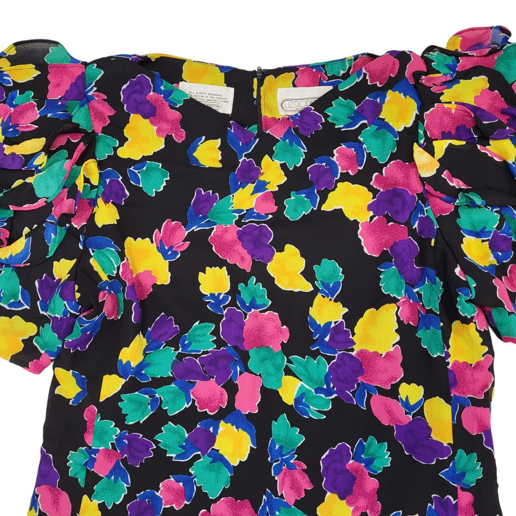 80s Vintage Liz Roberts Floral Print Ruffled Shoulder Party Dress Women's 16