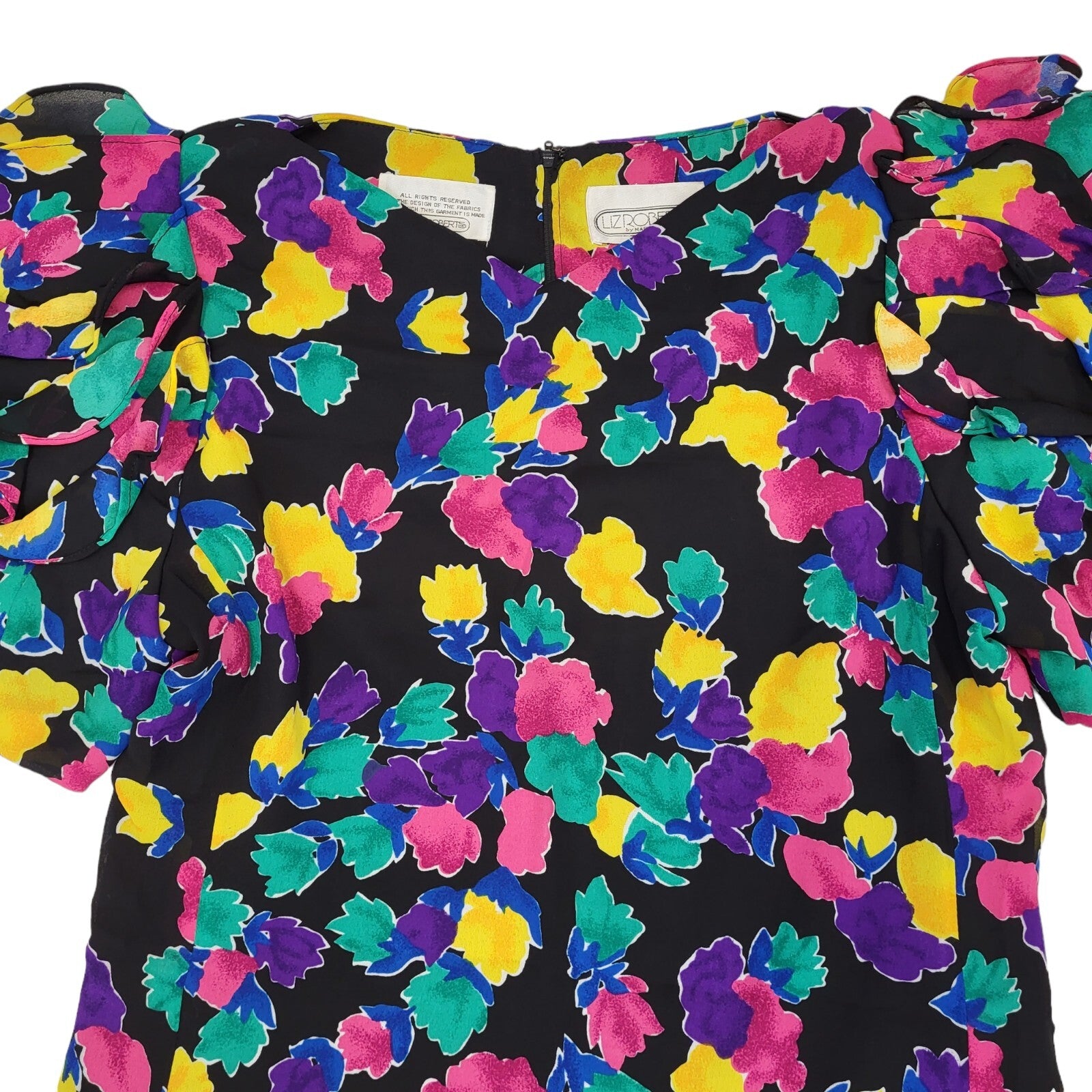 80s Vintage Liz Roberts Floral Print Ruffled Shoulder Party Dress Women's 16