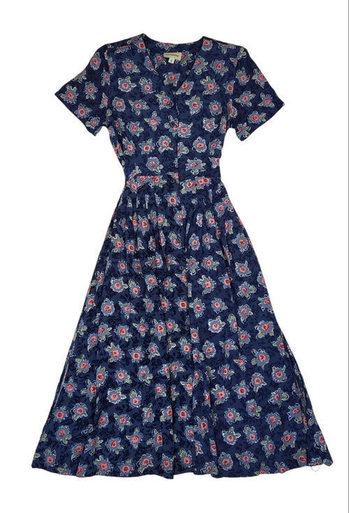 90s Vintage Maxime Blue Floral Buttoned Daywear Dress Women's Size S