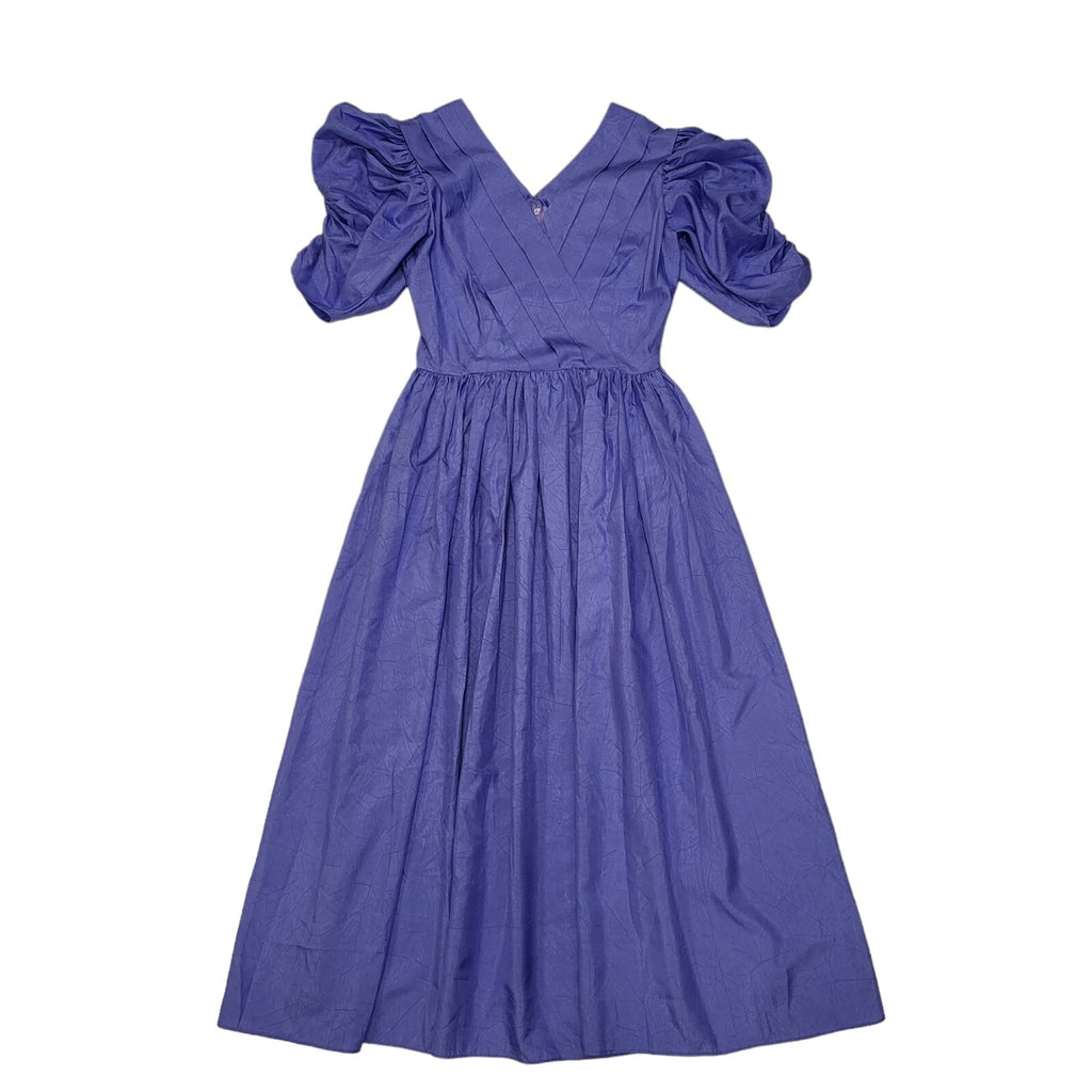 80s Vintage Purple V-Neck Puff Sleeve Party Dress Women's S 8/10