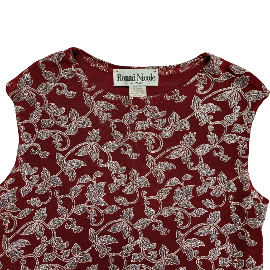 Ronnie Nicole Vintage 90's Red Sleeveless Leaf Print Glitter Top Womens UK M