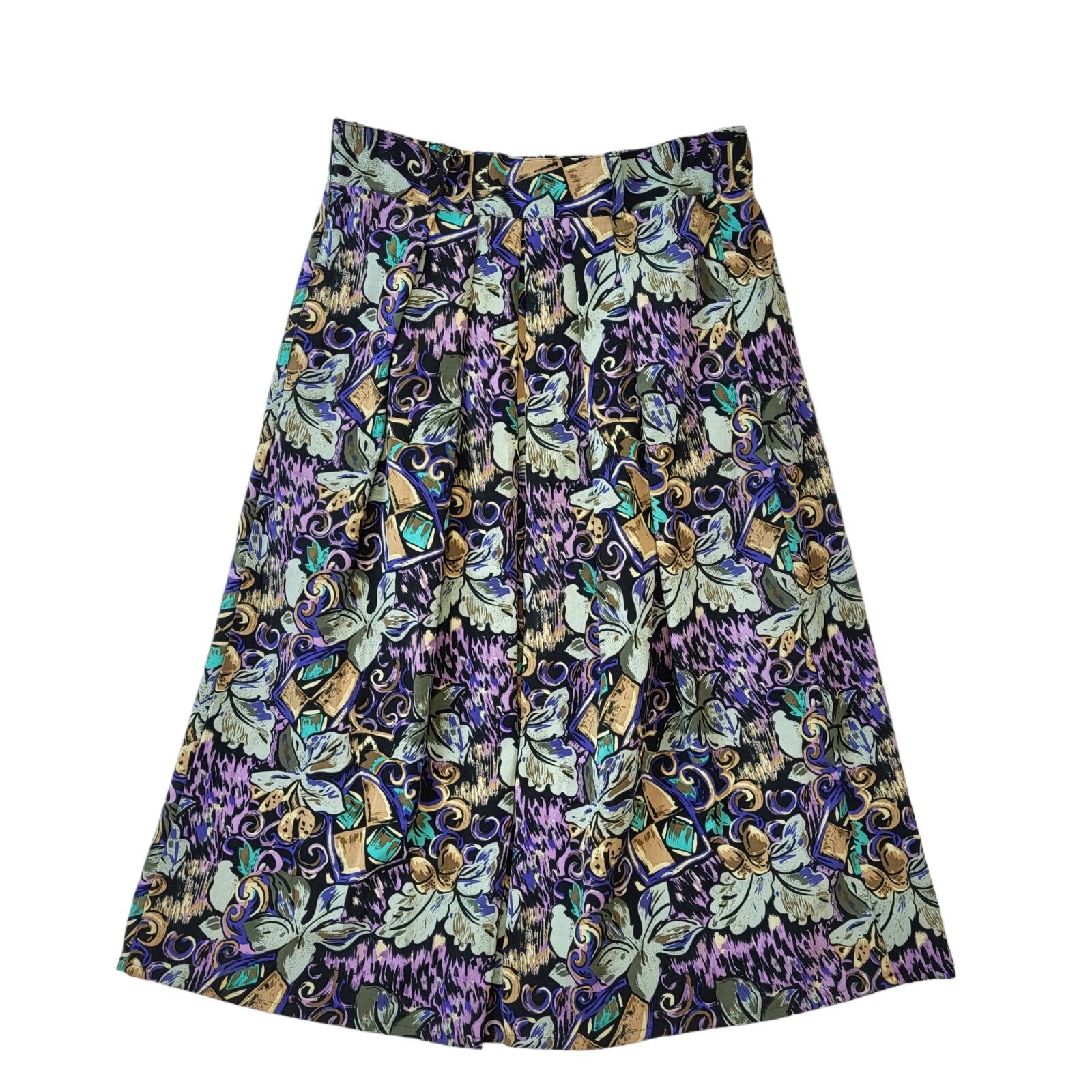 80's Vintage New Fast Purple & Green Floral Midi Skirt Women's Size 14 EU 42 W32