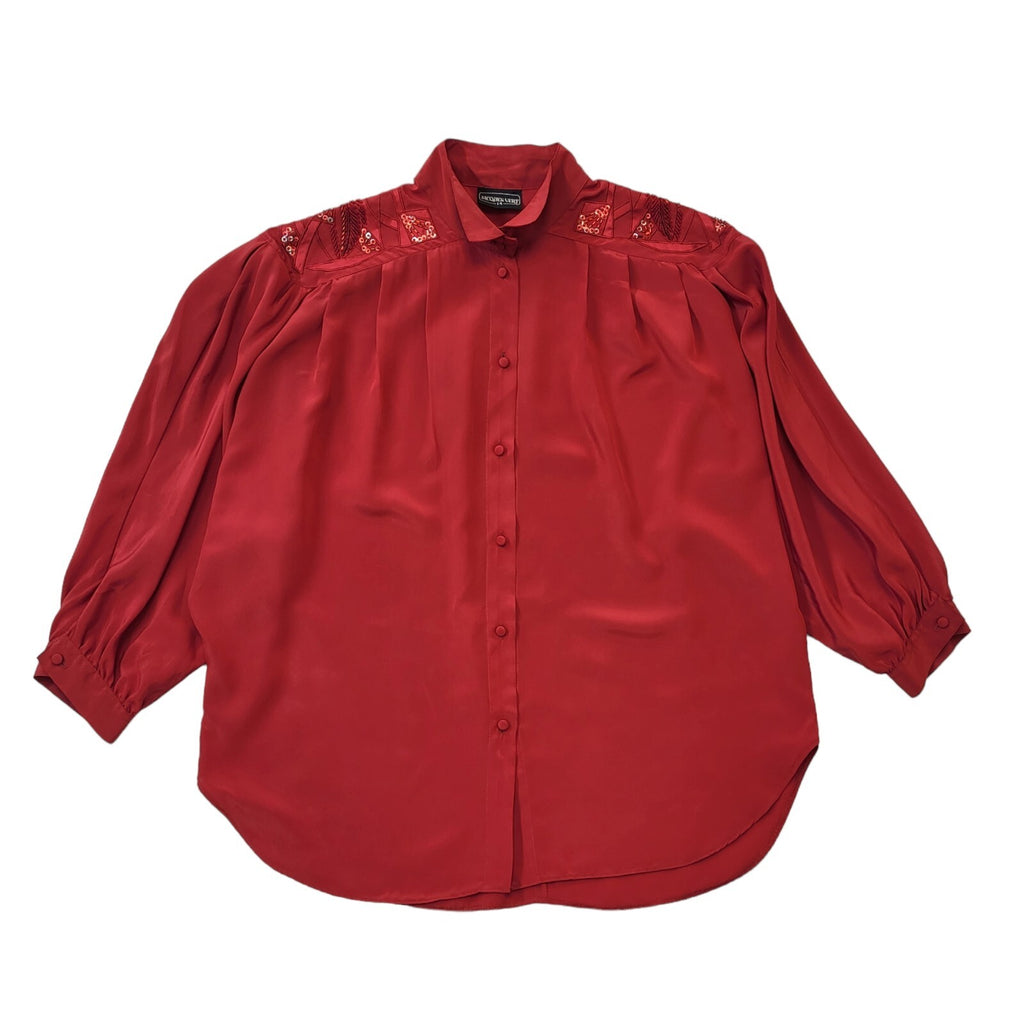 Jaques Vert 80s Vintage Red Sequin Long Sleeve Blouse Women's Size 14 EU 42
