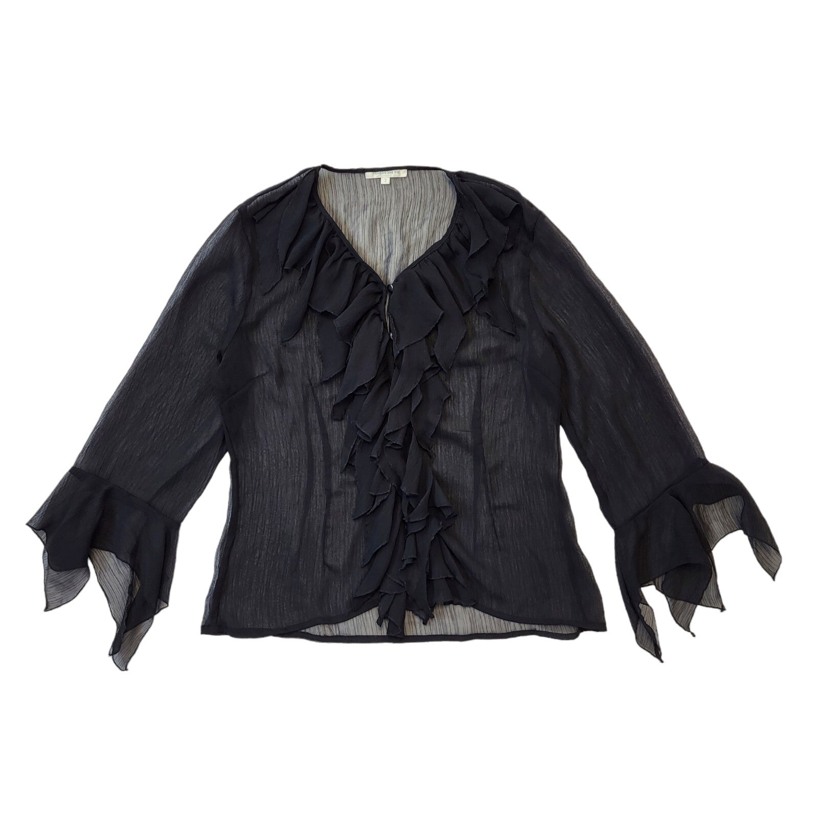 Jacqueline Rio Y2K Black Sheer Button Front Ruffle Blouse Women's Size 10