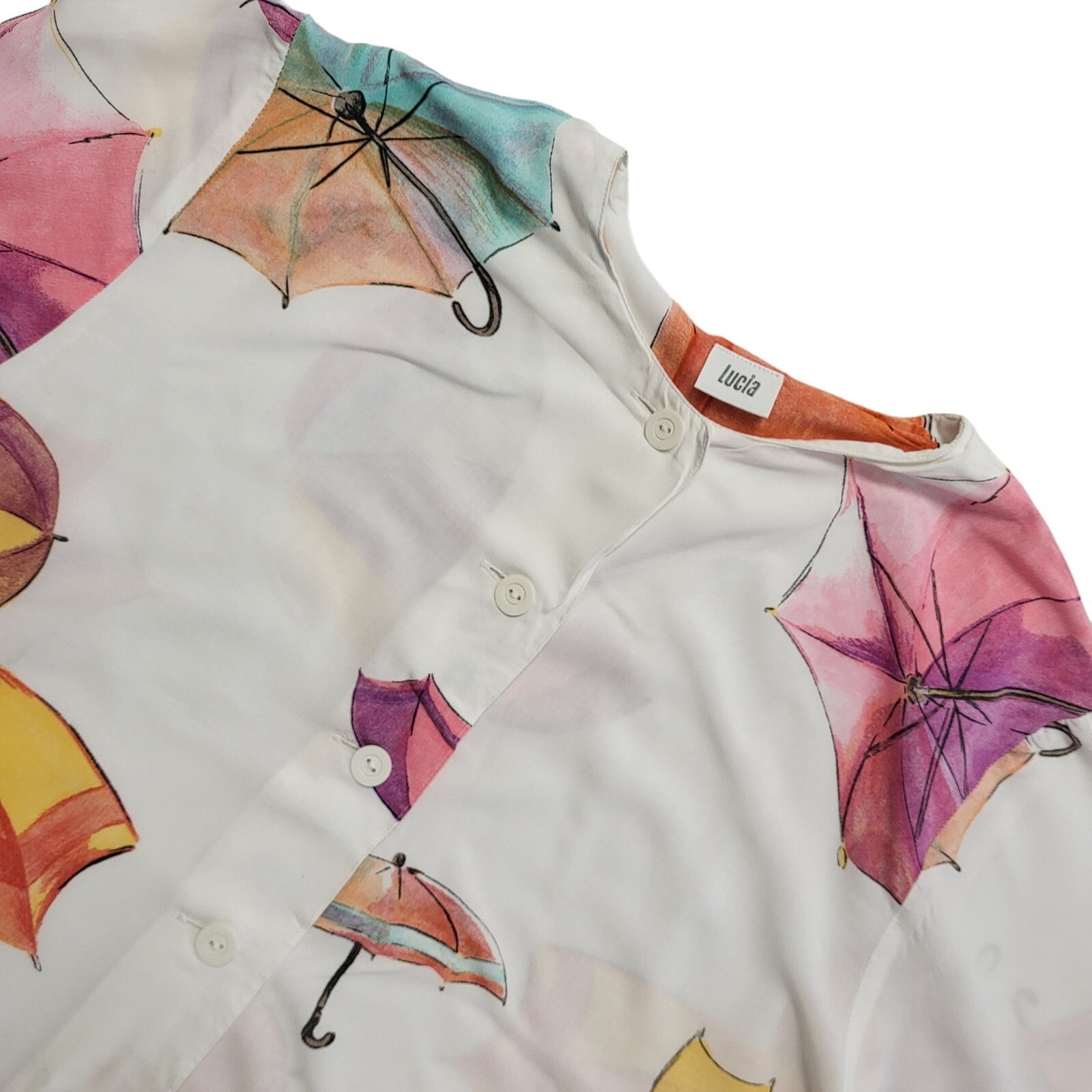 Lucia Vintage 90's White Umbrella Print Short Sleeve Shirt Womens UK 12