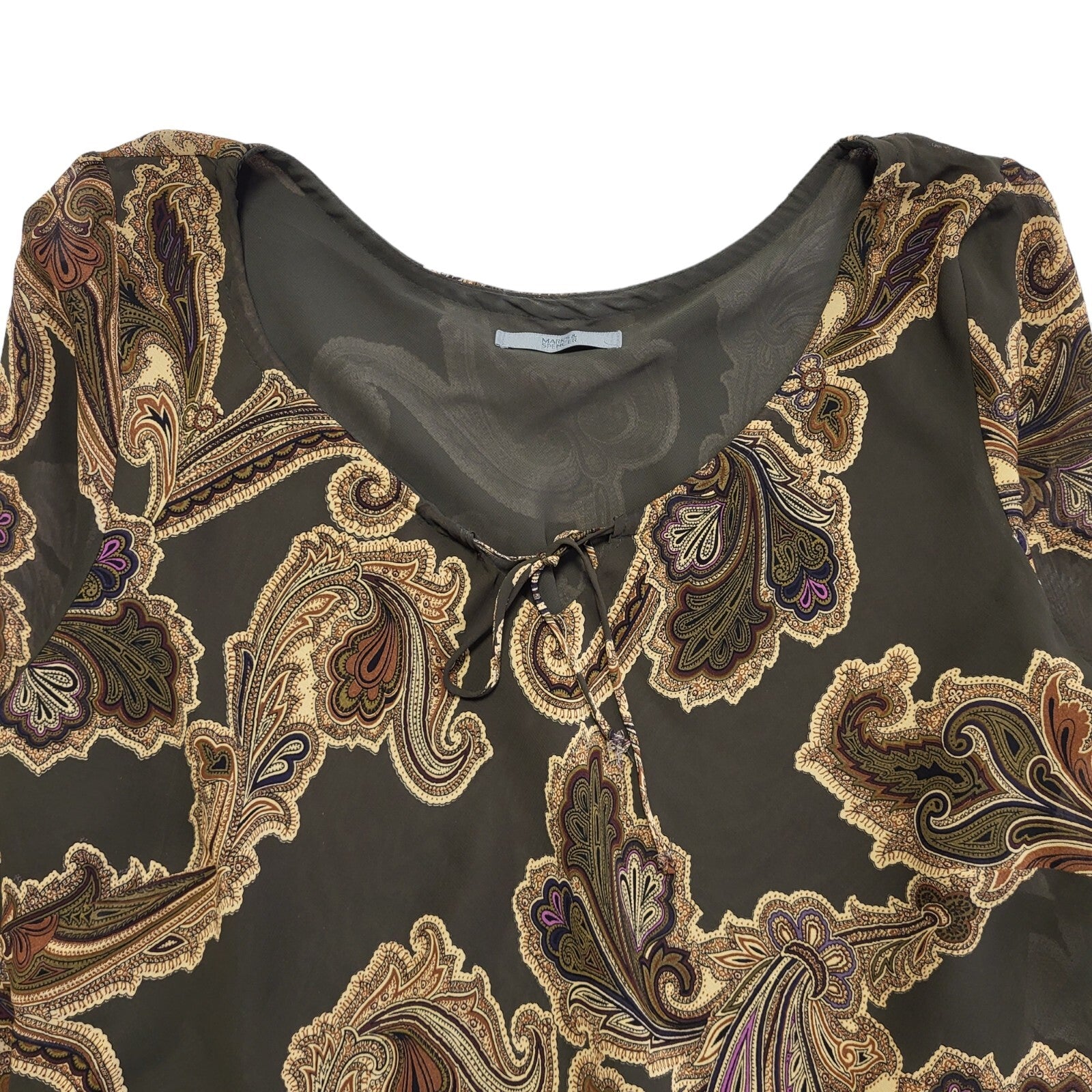 Marks & Spencer Vintage 90s Green & Brown Paisley 3/4 Sleeve Blouse Womens UK 16