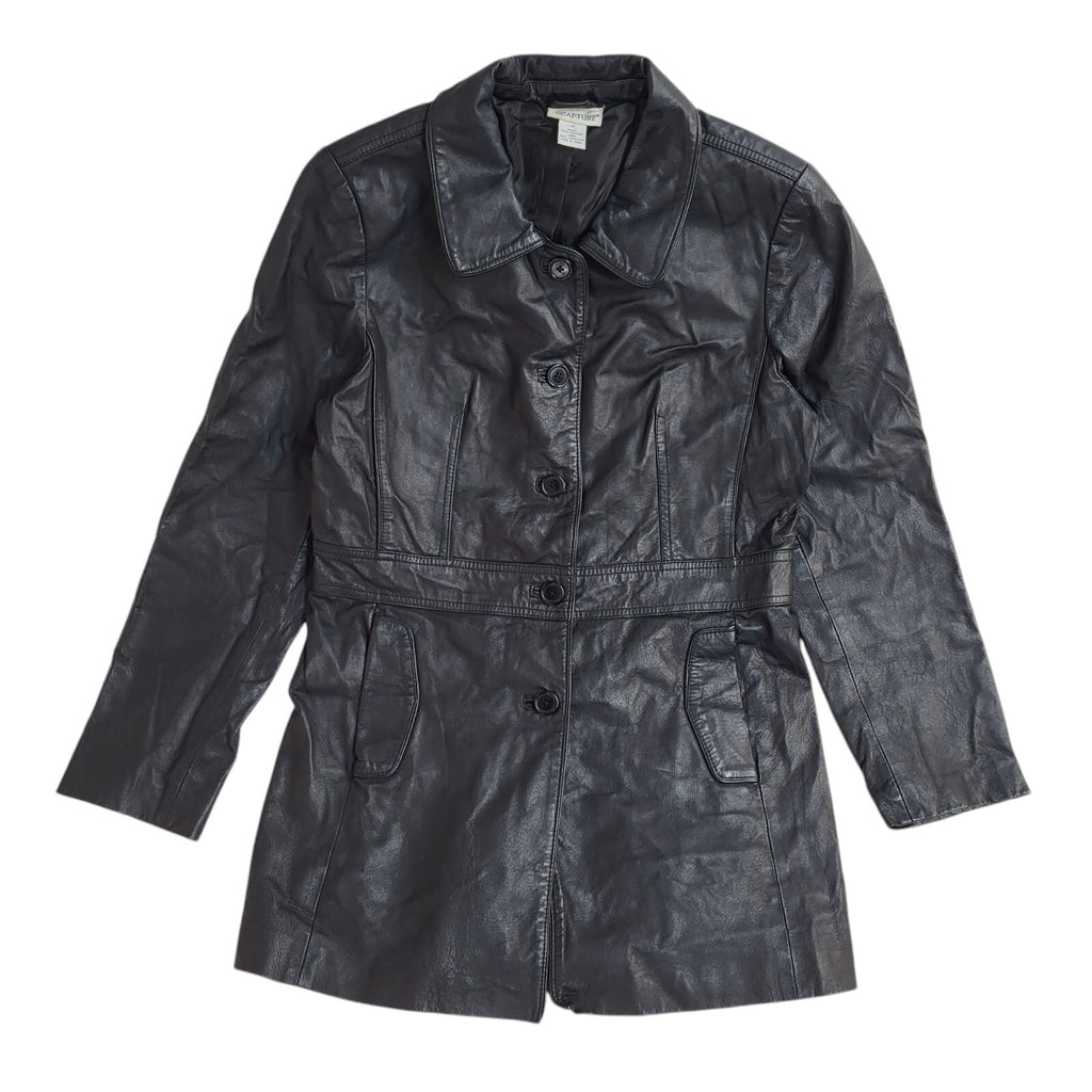 Capture Vintage 90s Button Black Leather Coat UK Women's Size 14