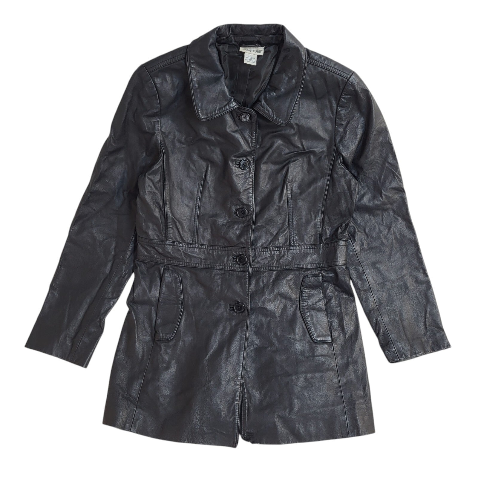 Capture Vintage 90s Button Black Leather Coat UK Women's Size 14