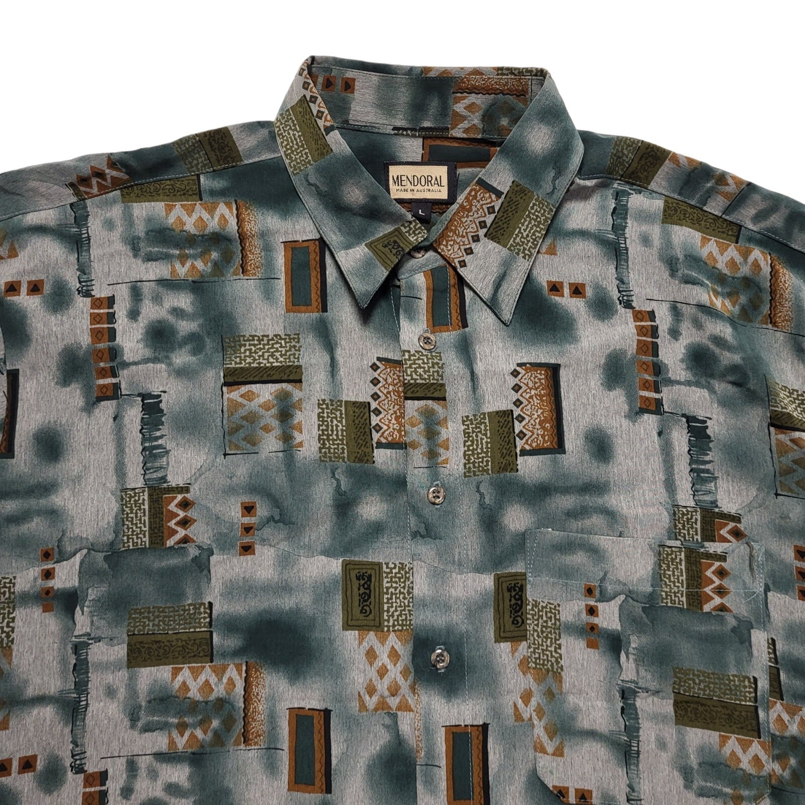 Mendoral 80's Green & Brown Retro Abstract  Short Sleeve Shirt Mens UK Size L