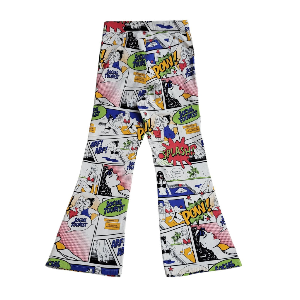 Social Tourist Trousers White Y2k Bootcut Comic Print Uk Women's Size S W26 L27