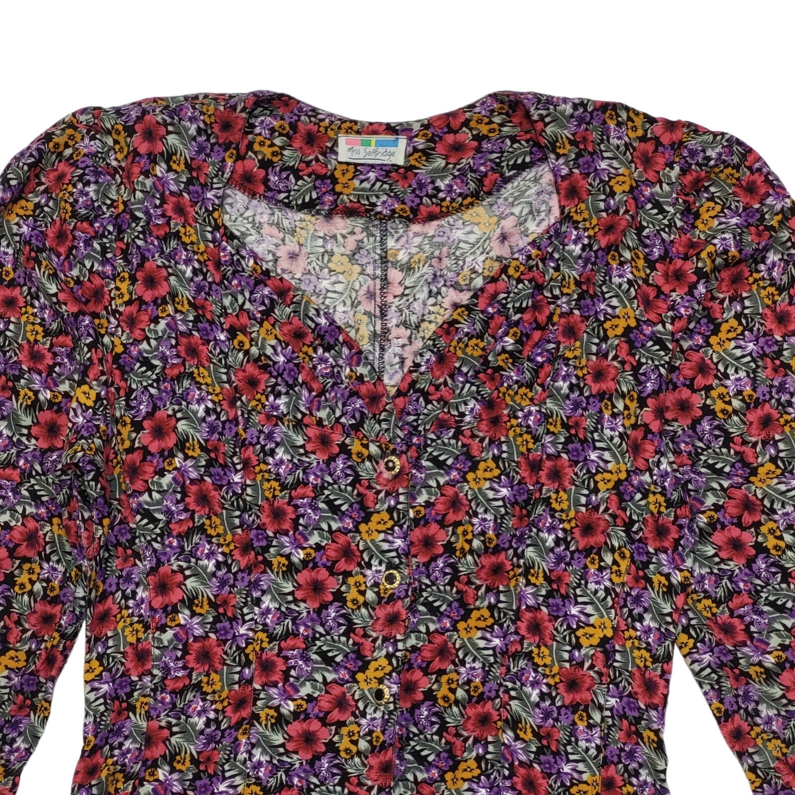Miss Selfridge 80s Vintage Pink & Purple Floral Buttoned Dress Women's 10