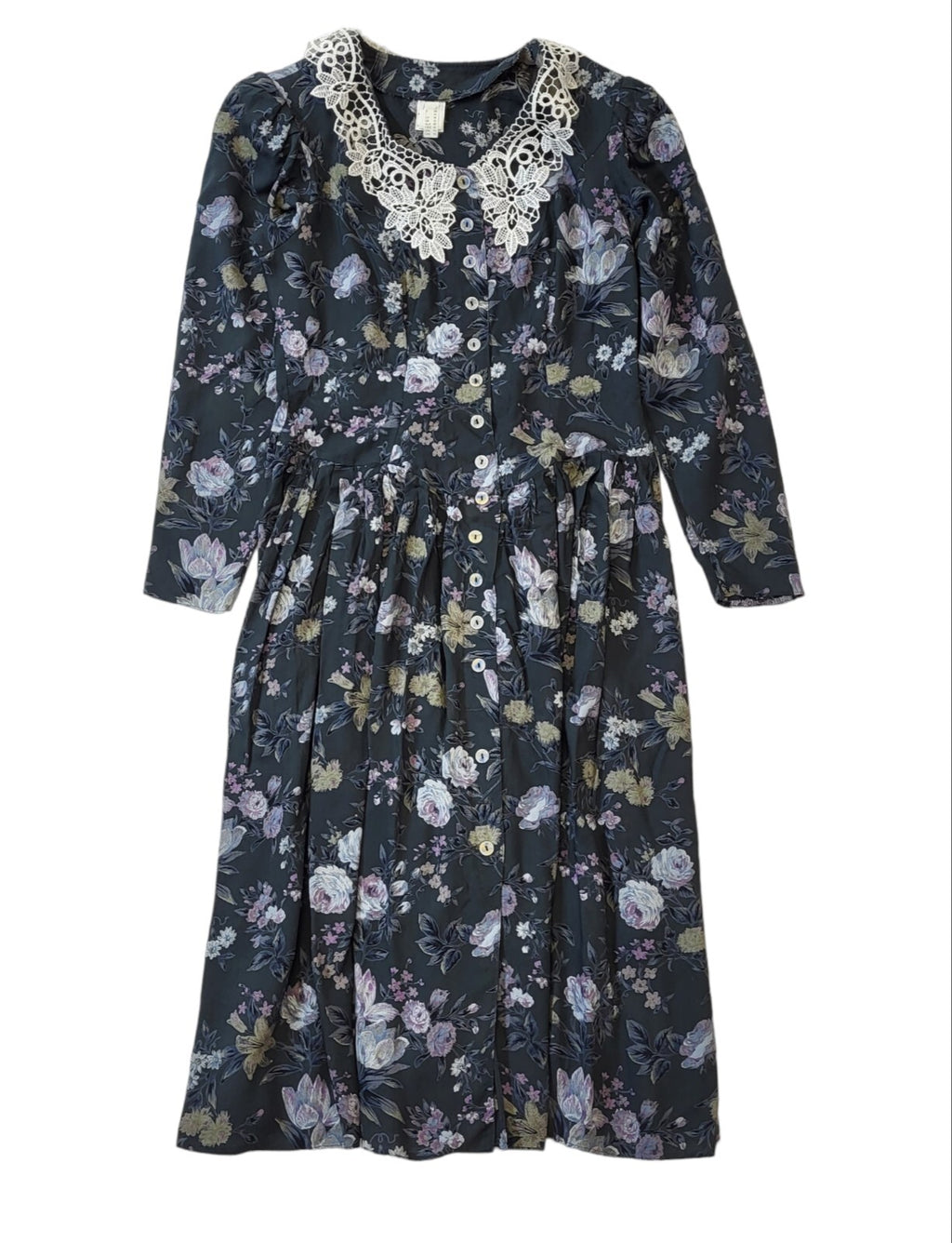 Vintage 80's Collared Button Green Floral Dress Womens UK 12 EU 40