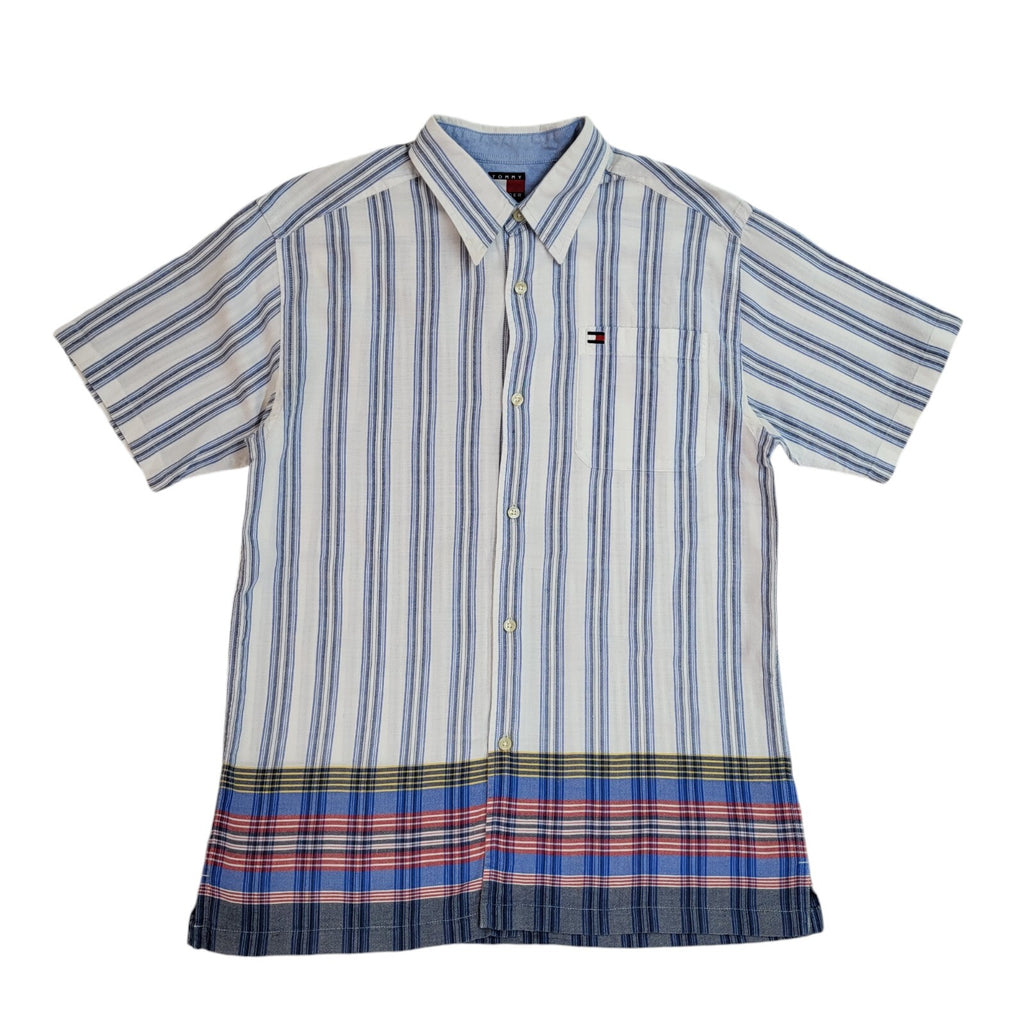 Tommy Hilfiger 90's White & Blue Striped Short Sleeve Shirt Uk Boy's Size L
