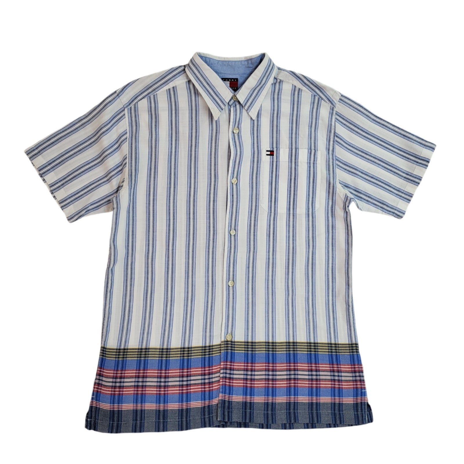 Tommy Hilfiger 90's White & Blue Striped Short Sleeve Shirt Uk Boy's Size L