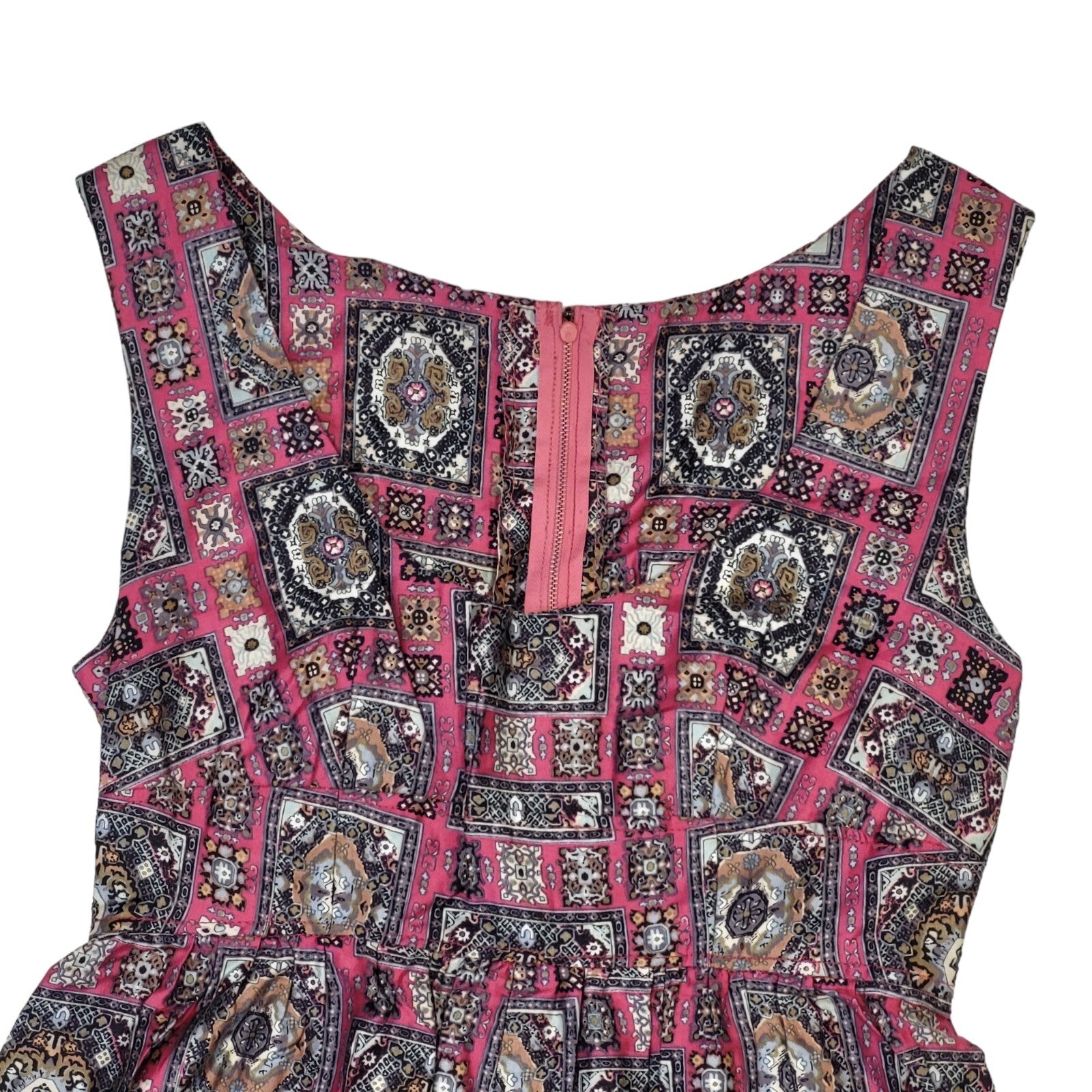70s Vintage Pink & Grey Retro Print Pinafore Maxi Dress Women's Size 6
