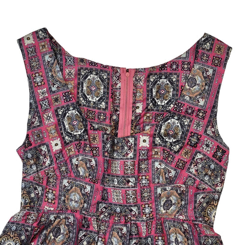 70s Vintage Pink & Grey Retro Print Pinafore Maxi Dress Women's Size 6