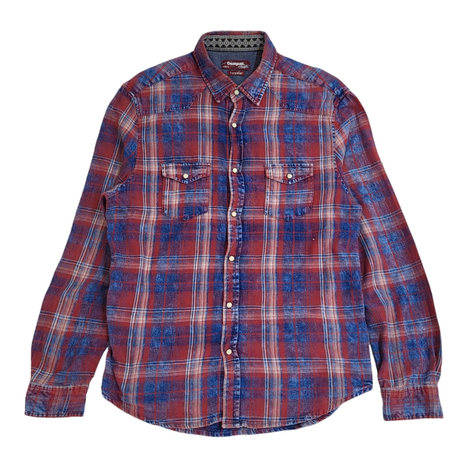 Desigual Y2k Red & Blue Check Pearl Snap Long Sleeve Shirt Uk Men's Size Large