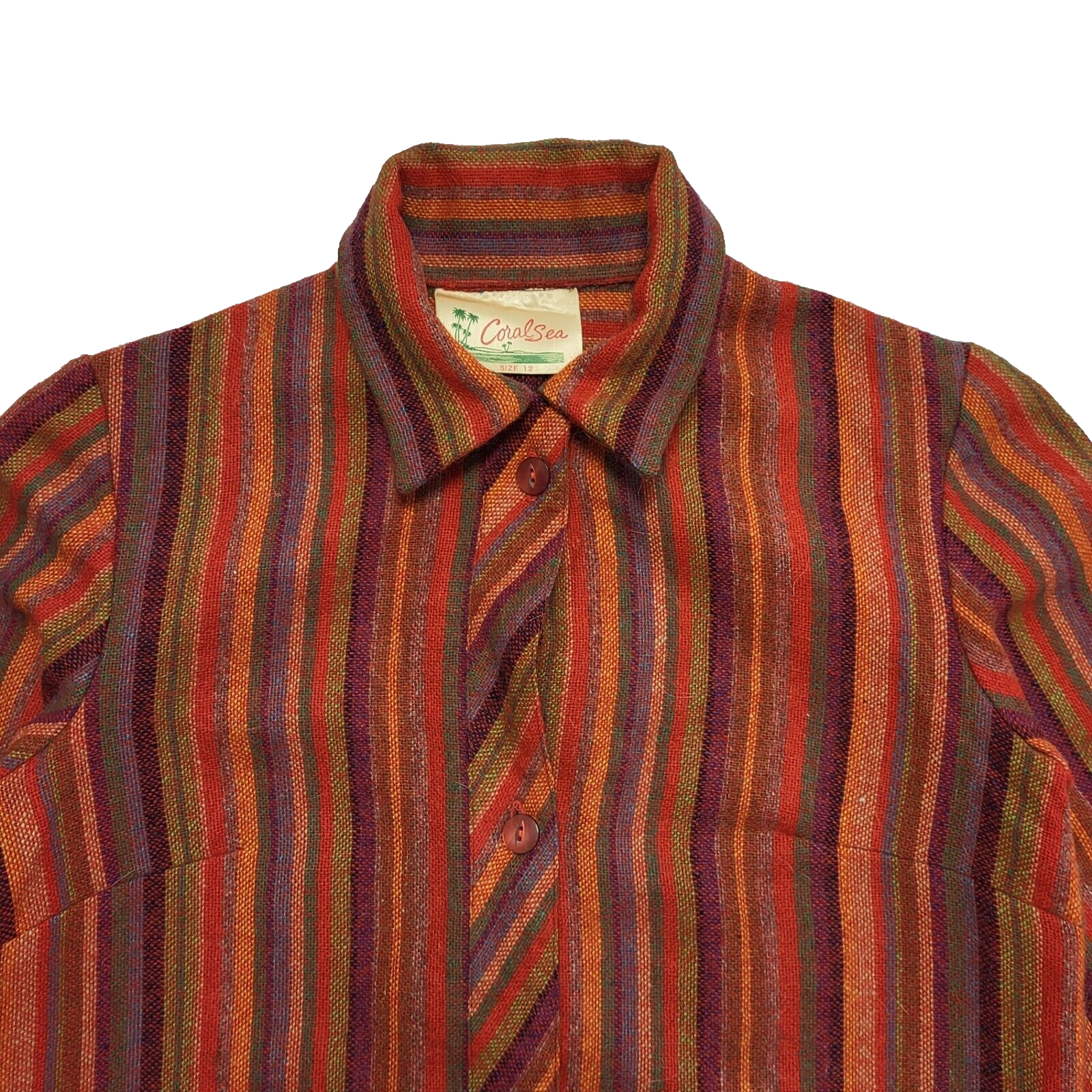 Vintage 70s Coral Sea Striped Long Sleeve Shirt Dress Uk Women's Size 12