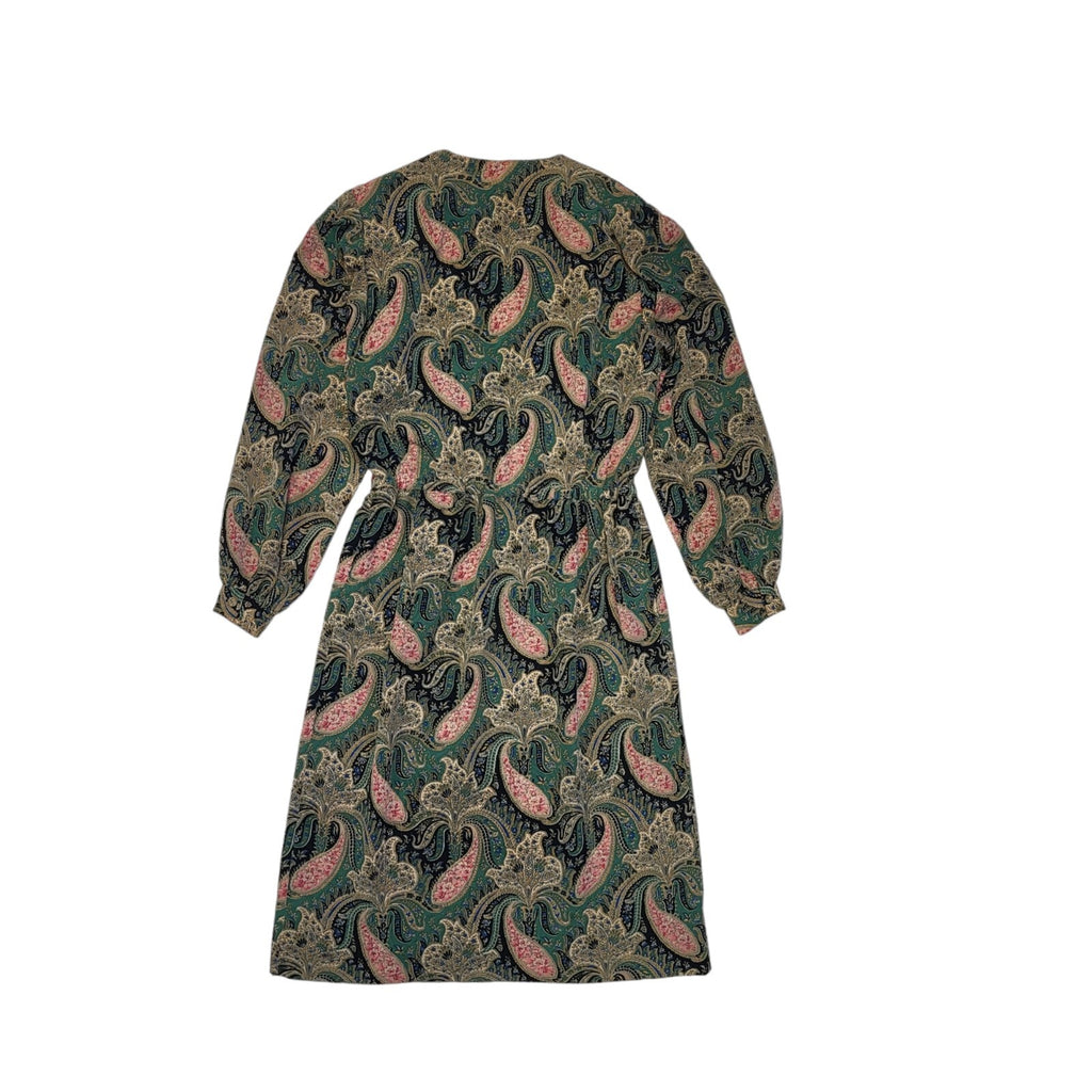 80s Vintage Green Paisley Print Long Sleeve Daywear Dress Women's 12