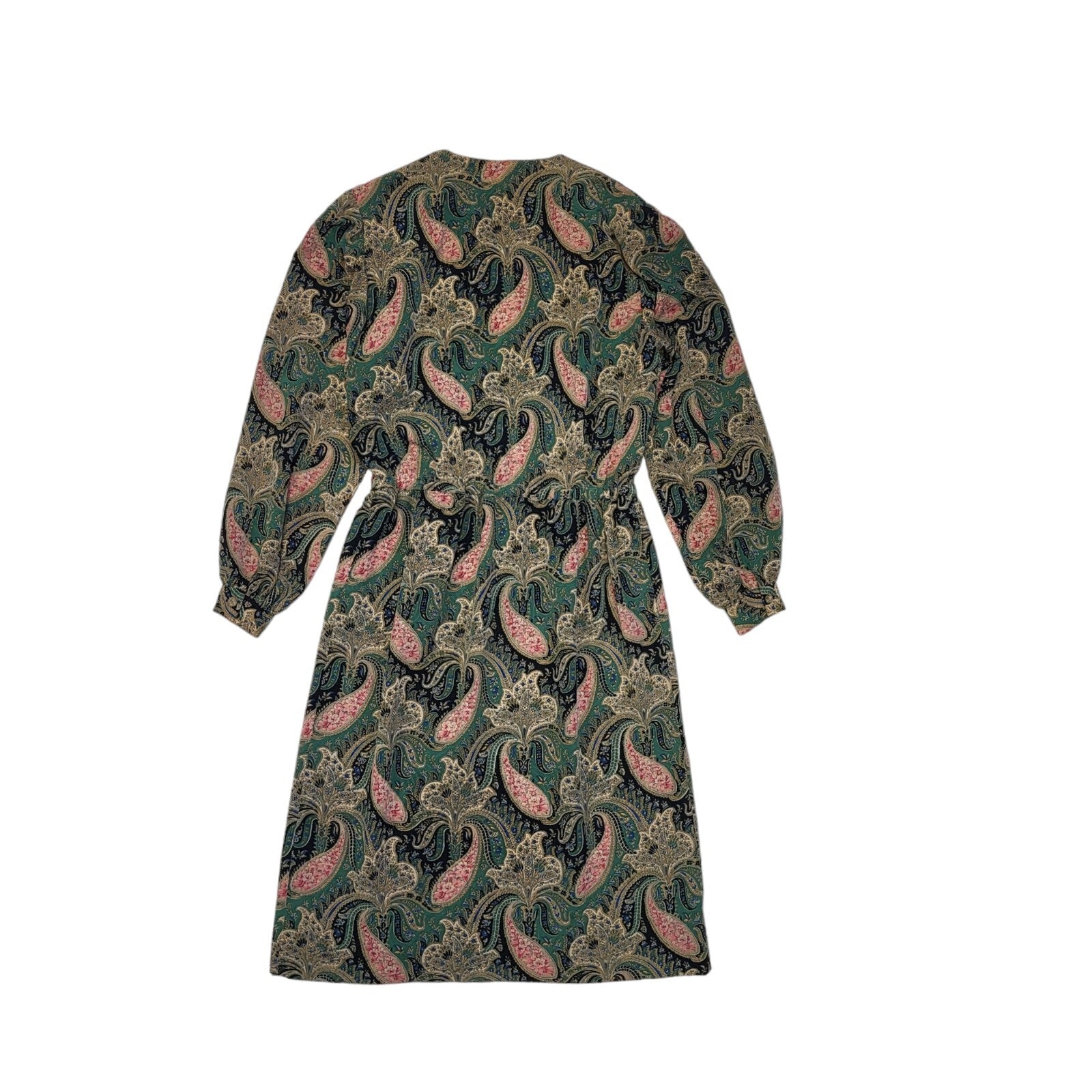 80s Vintage Green Paisley Print Long Sleeve Daywear Dress Women's 12