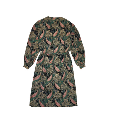 80s Vintage Green Paisley Print Long Sleeve Daywear Dress Women's 12