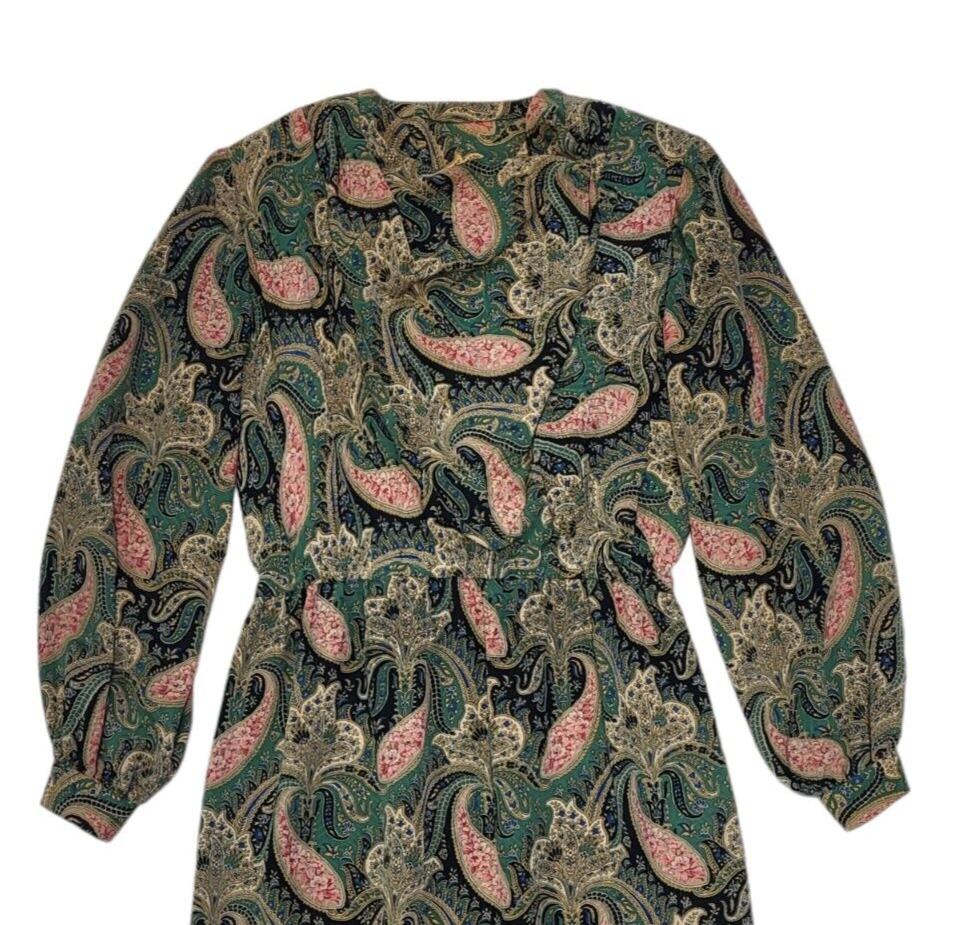 80s Vintage Green Paisley Print Long Sleeve Daywear Dress Women's 12