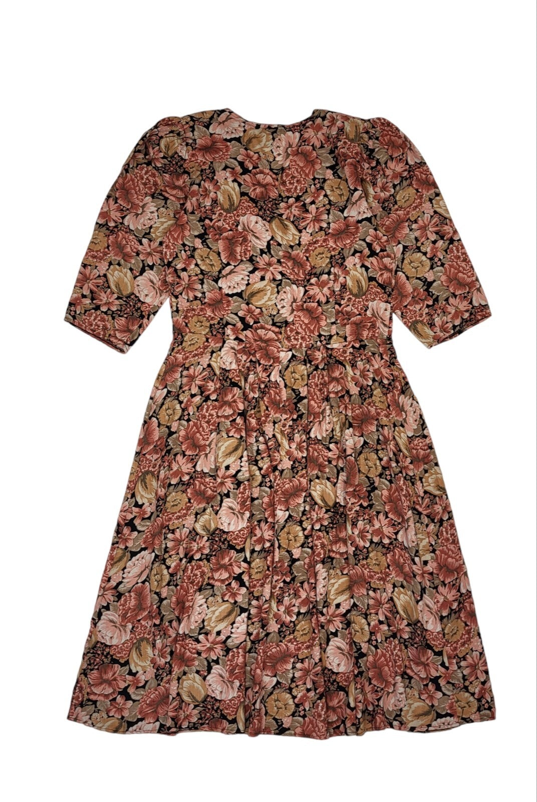90s Vintage Sixth Sense Brown Floral Print Pleated Daywear Dress Women's Size 16