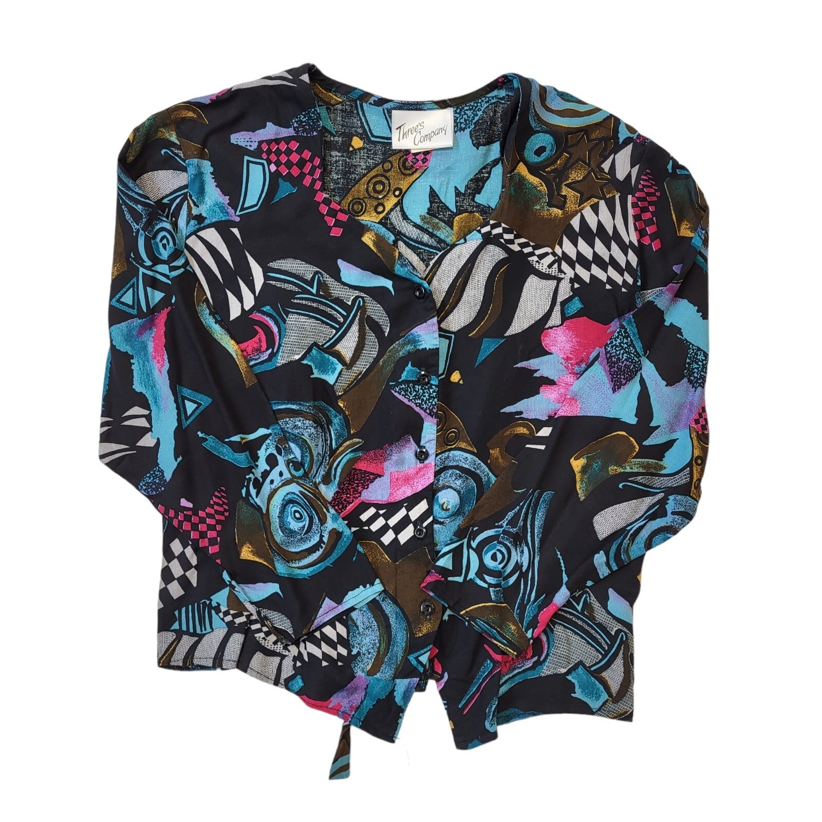 Three's Company 90s Vintage Black Blue 3/4 Sleeve Blouse Women's Size 14 Eu 42