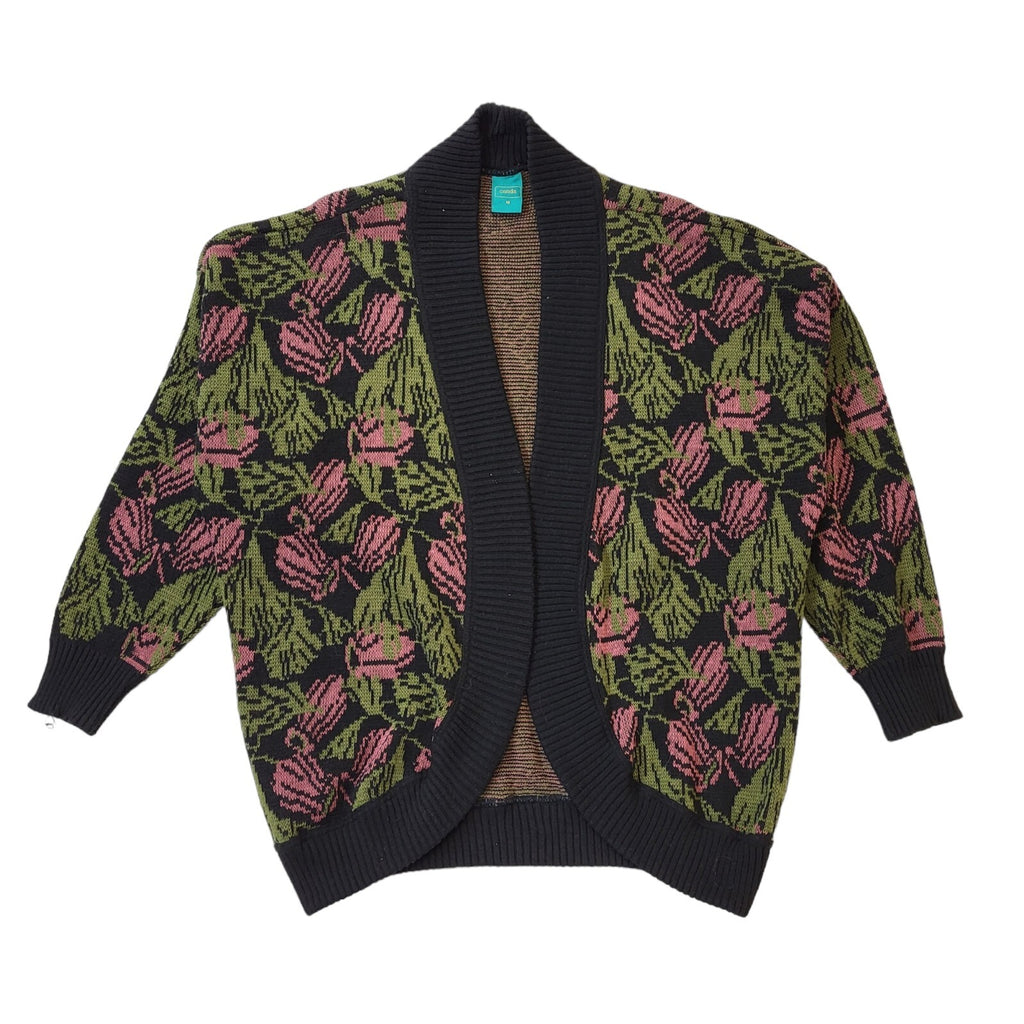 Canda C&A 80s Vintage Black, Green & Pink Floral Open Front  Cardigan Women's 18