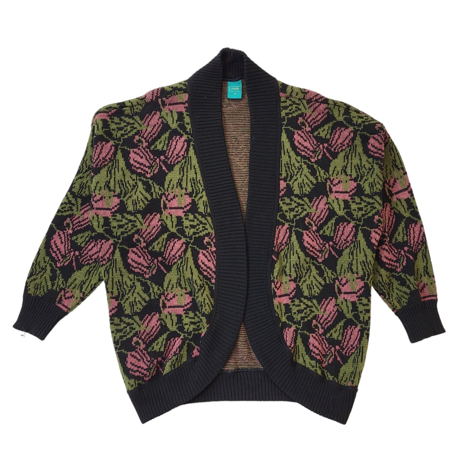 Canda C&A 80s Vintage Black, Green & Pink Floral Open Front  Cardigan Women's 18