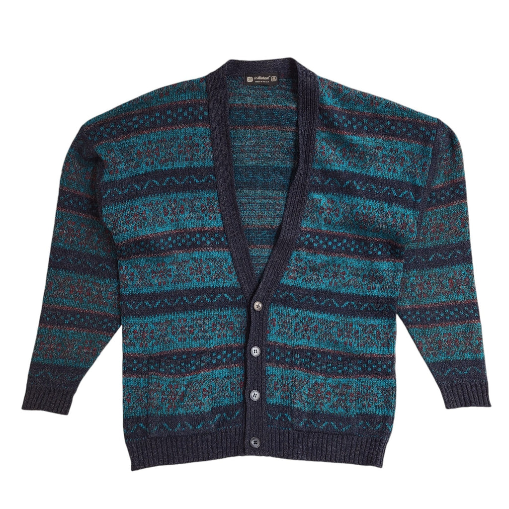 St Michael Vintage 90s Blue Geometric Cardigan UK Men's Size Large
