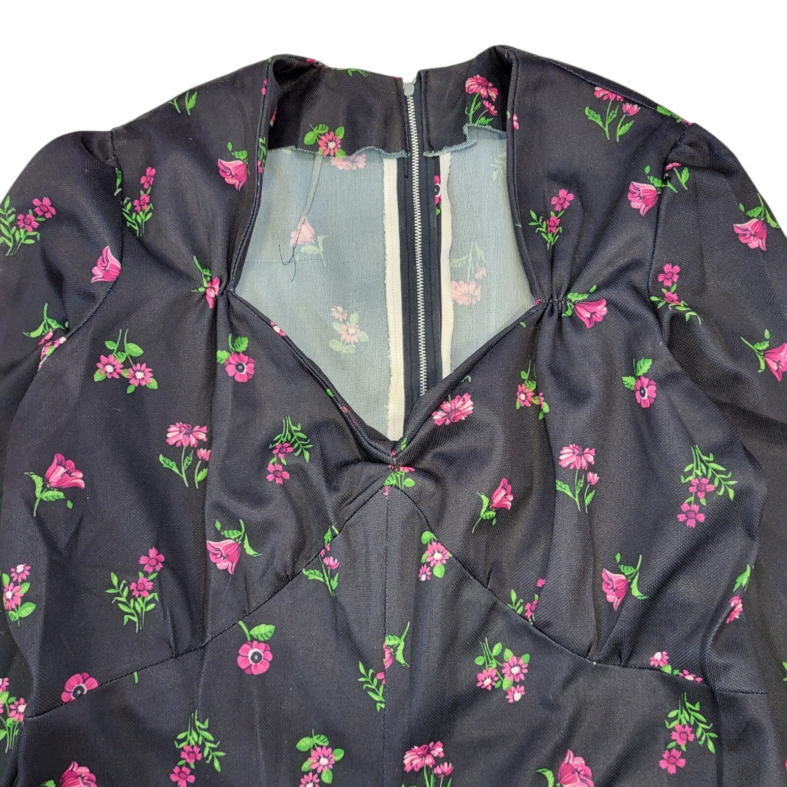 70s Vintage Black & Pink Floral Maxi Dress Women's Size 16 Eu 44