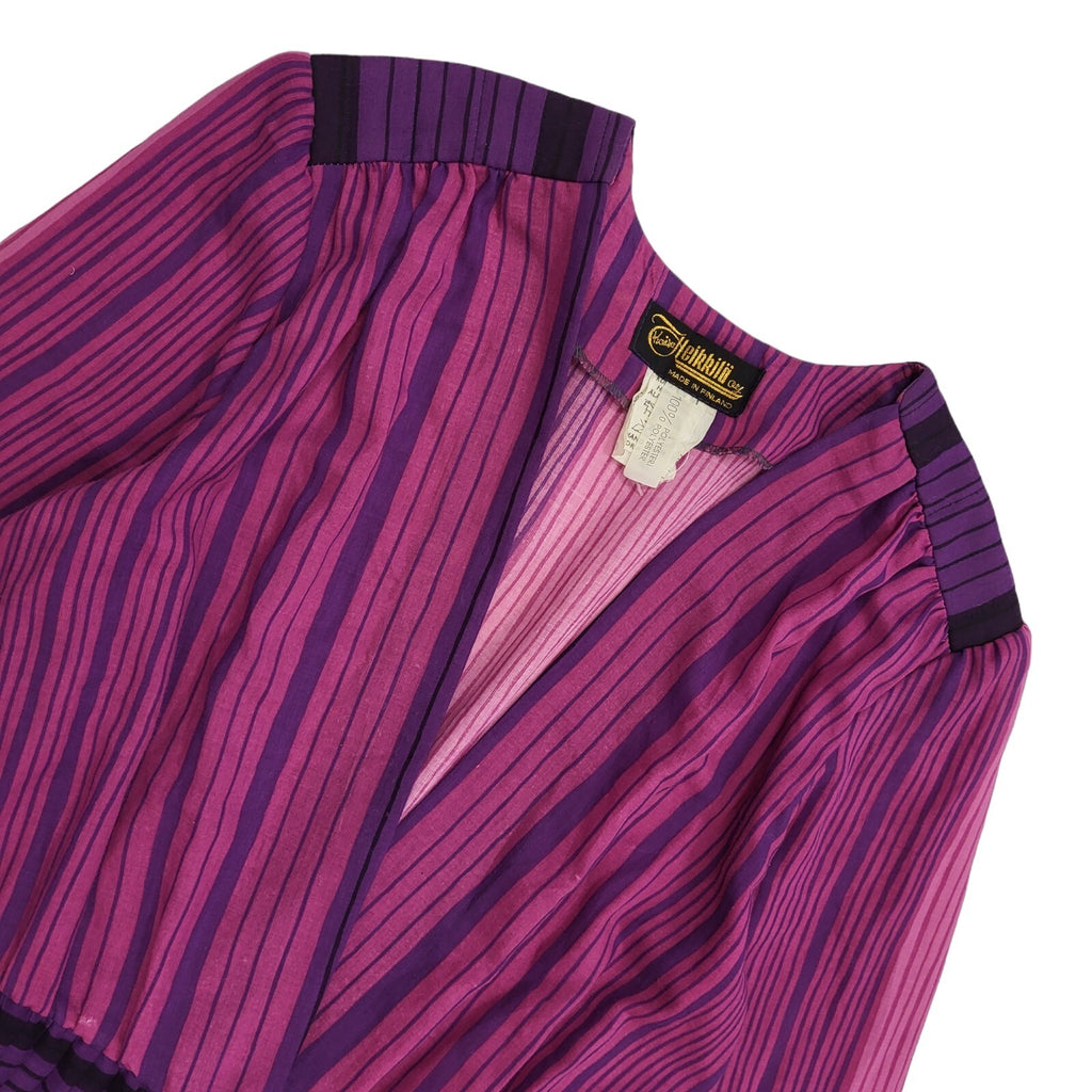 80s Purple Striped V-Neck Balloon Sleeve Pleated Dress Women's 12