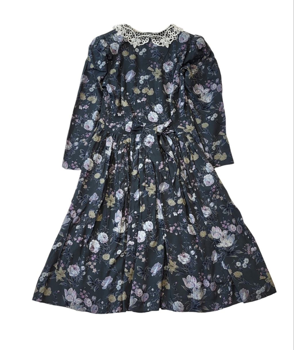 Vintage 80's Collared Button Green Floral Dress Womens UK 12 EU 40