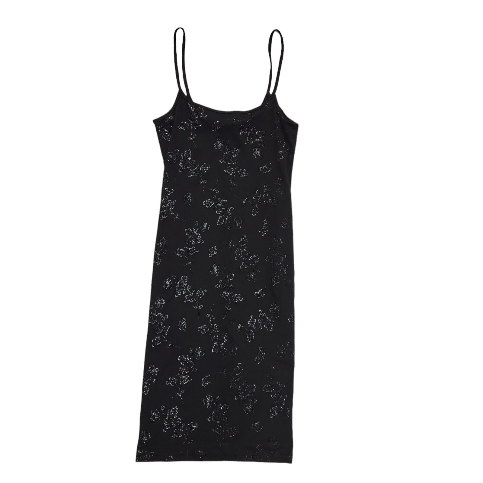 90s Vintage Black Glitter Floral Strap Bodycon Dress Women's Size 12