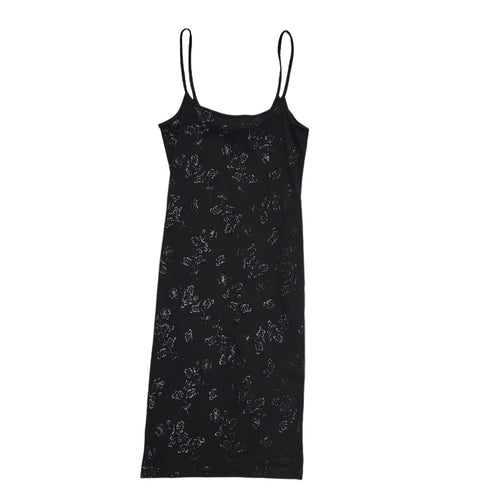 90s Vintage Black Glitter Floral Strap Bodycon Dress Women's Size 12
