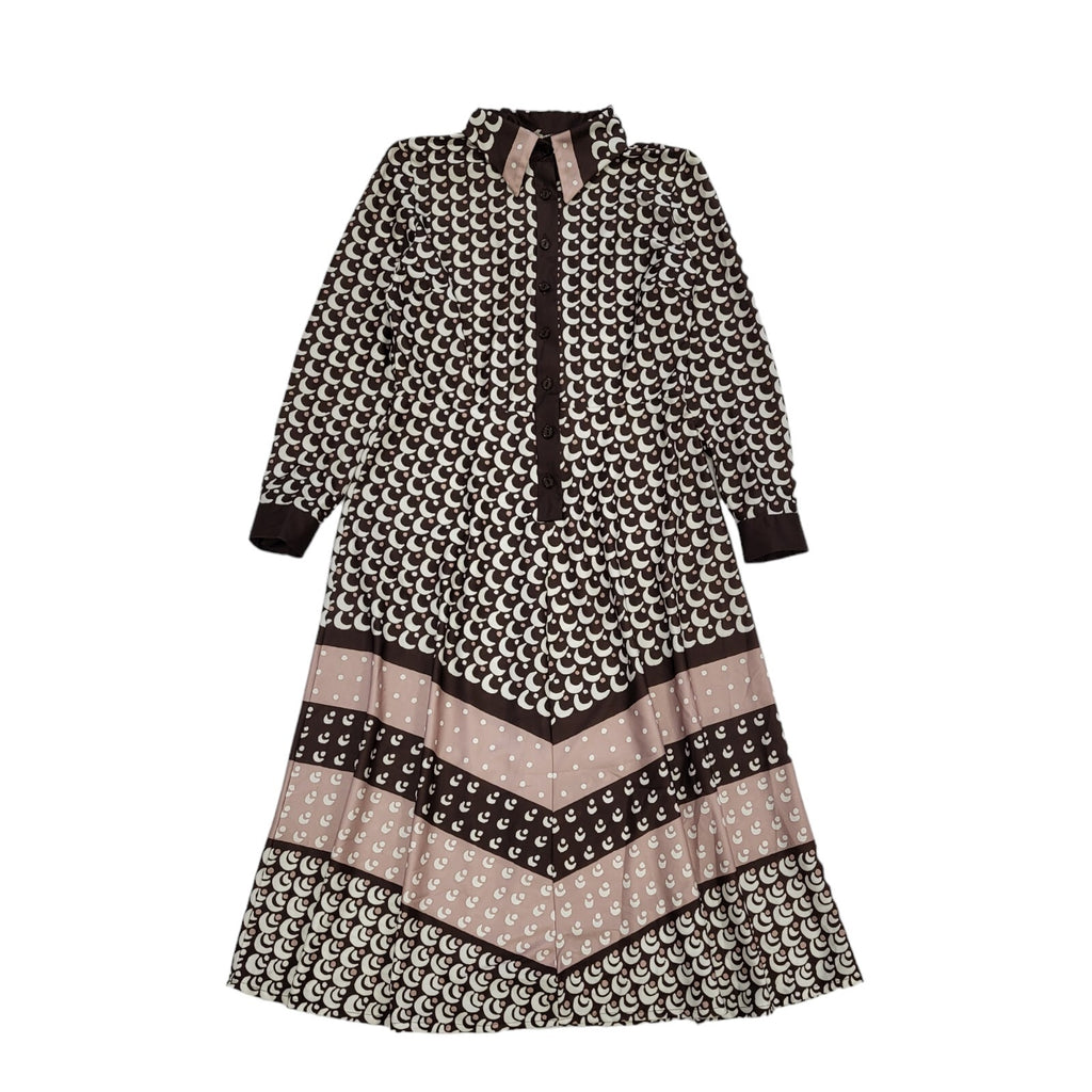 70s Vintage Brown & White Retro Patterned Dress Women's Size 10/12