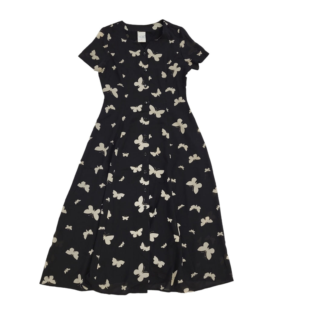 90s Vintage Alexon Black Butterflies Buttoned Daywear Dress Women's Size 12