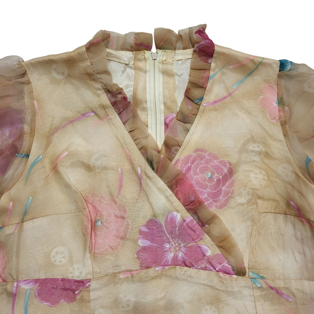 70s Vintage Brown Beige  Pink Flower Maxi V-Neck Dress Women's Size 12