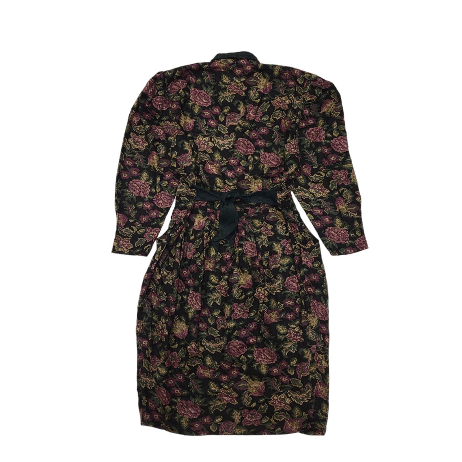 80s Vintage Black Floral Button Daywear Dress Women's 12/14