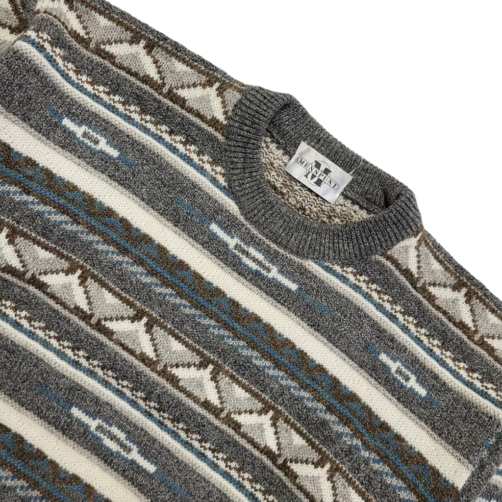 Menspunt Vintage 80s Grey Blue Geometric Crew Neck Jumper Men's UK L